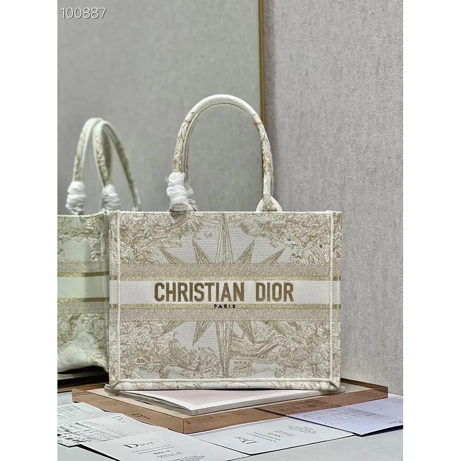 Christian Dior Book Tote Bag 36cm M1296 Reve D'infini Płótno Z Haftem, Kolekcja Wiosna/lato 2023, Metalik W Tonacji Złotej