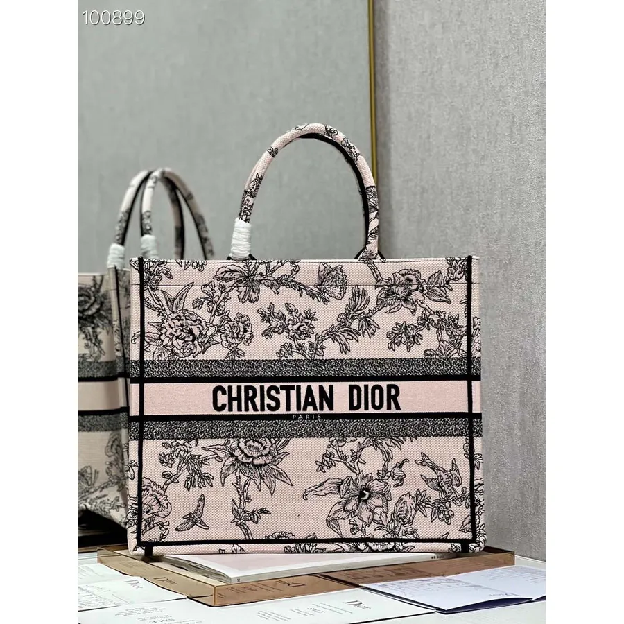 Borsa Tote Christian Dior Book 42cm M1286 Tela Ricamata Dior Jardin Botanique Collezione Primavera/estate 2023, Rosa Cipria