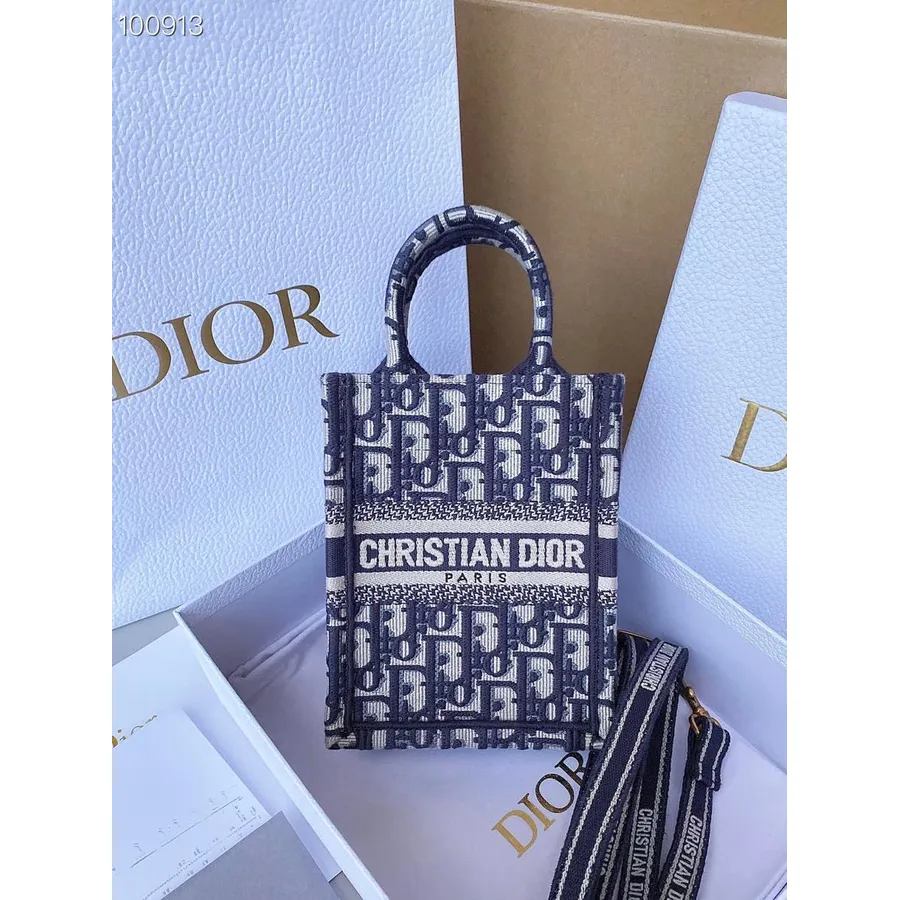 Christian Dior Mini Kitap çantası 18cm M928 Dior Oblique Nakış Kanvas Sonbahar/kış 2022 Koleksiyonu, Mavi