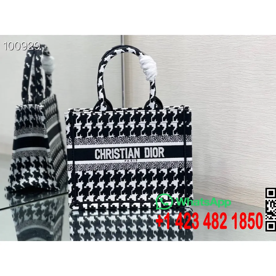 Christian Dior Book Tote Bag 25 Cm 1265 Houndstooth Vez Platno Kolekcija Jesen/zima 2022., Crno-bijelo