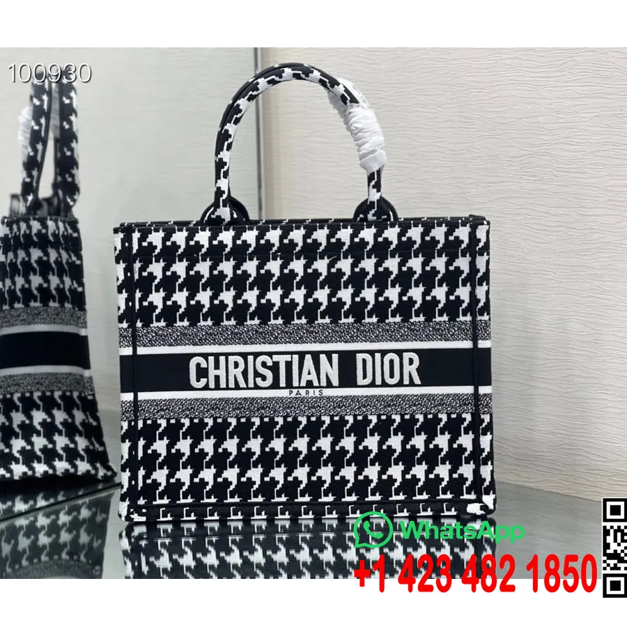 Christian Dior Book Tote Bag 36cm M1296 Houndstooth Vez Platno Kolekcija Jesen/zima 2022., Crno-bijelo