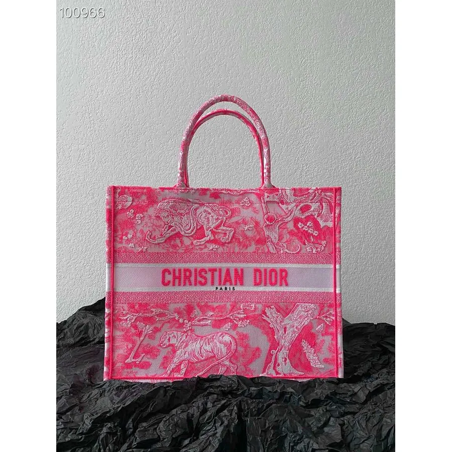 Christian Dior Bokväska 42cm M1286 Toile De Jouy Omvänd Transparent Broderi Canvas Höst/vinter 2022 Kollektion, Fluor