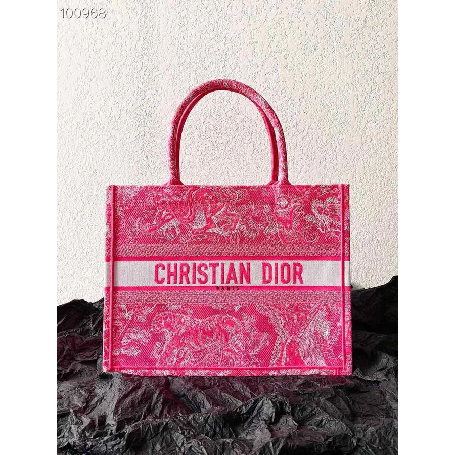 Christian Dior Bokväska 42cm M1286 Toile De Jouy Omvänd Transparent Broderi Canvas Höst/vinter 2022 Kollektion, Fluor