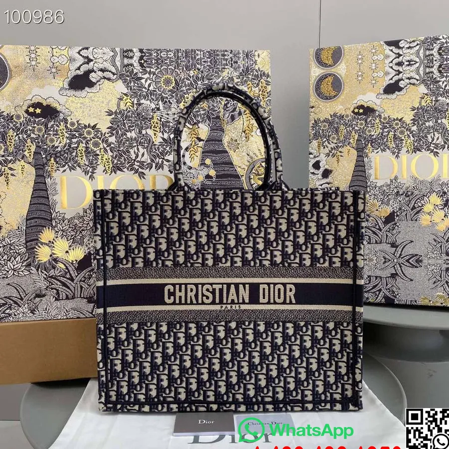 Christian Dior Book Tote Bag 42cm M1286 Platno S Kosim Vezom Kolekcija Jesen/zima 2022., Plava