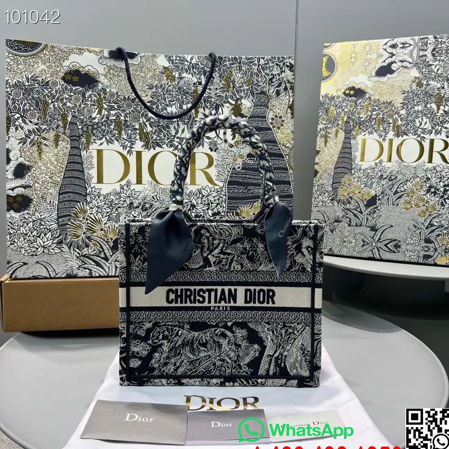 Borsa Tote Book Christian Dior 36 Cm 1286 Tela Ricamata Toile De Jouy Rovesciata Collezione Autunno/inverno 2022, Blu Navy