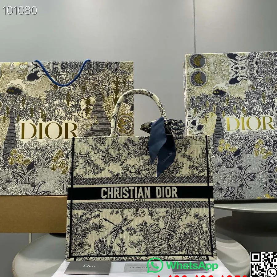 Christian Dior Book Tote Bag 42cm M1286 Toile De Jouy Flowers κέντημα καμβάς συλλογή φθινόπωρο/χειμώνας 2022, Latte