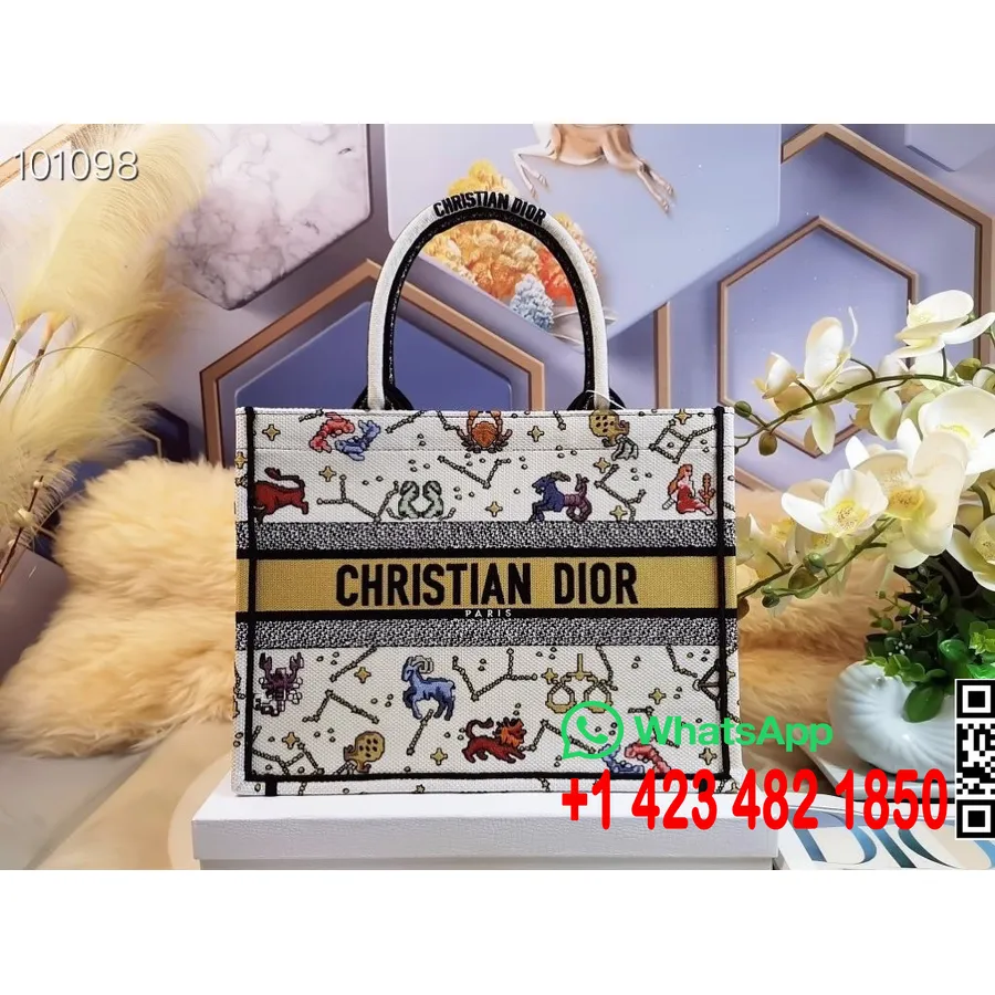 Christian Dior Könyves Táska 36cm 1296 Lucky Dior Pixel Zodiákus Hímzés Vászon őszi/téli 2022 Kollekció, Latte