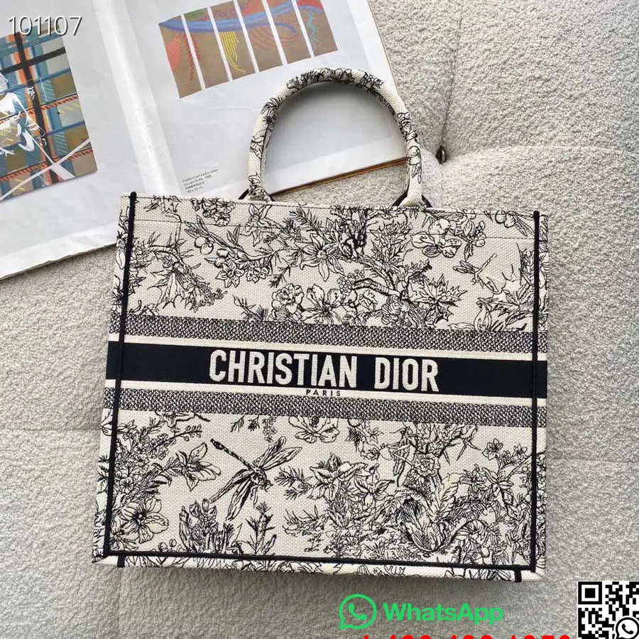 Taška Na Knihy Christian Dior 42 Cm 1286 Toile De Jouy Kvety Vyšívajúce Plátno Kolekcia Jeseň/zima 2022, Latte