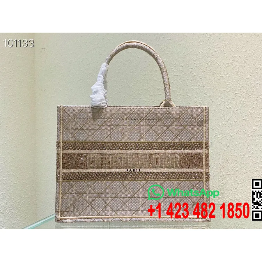 Christian Dior Book Torba Torba 36 Cm 1296 Cannage Strass Izvezeno Platno Kolekcija Jesen/zima 2022., Bež