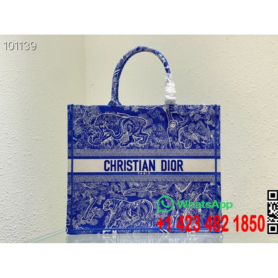 Christian Dior Book Tote Bag 42cm 1286 Toile De Jouy Platno S Obrnutim Vezom Kolekcija Jesen/zima 2022., Fluorescentno Plava