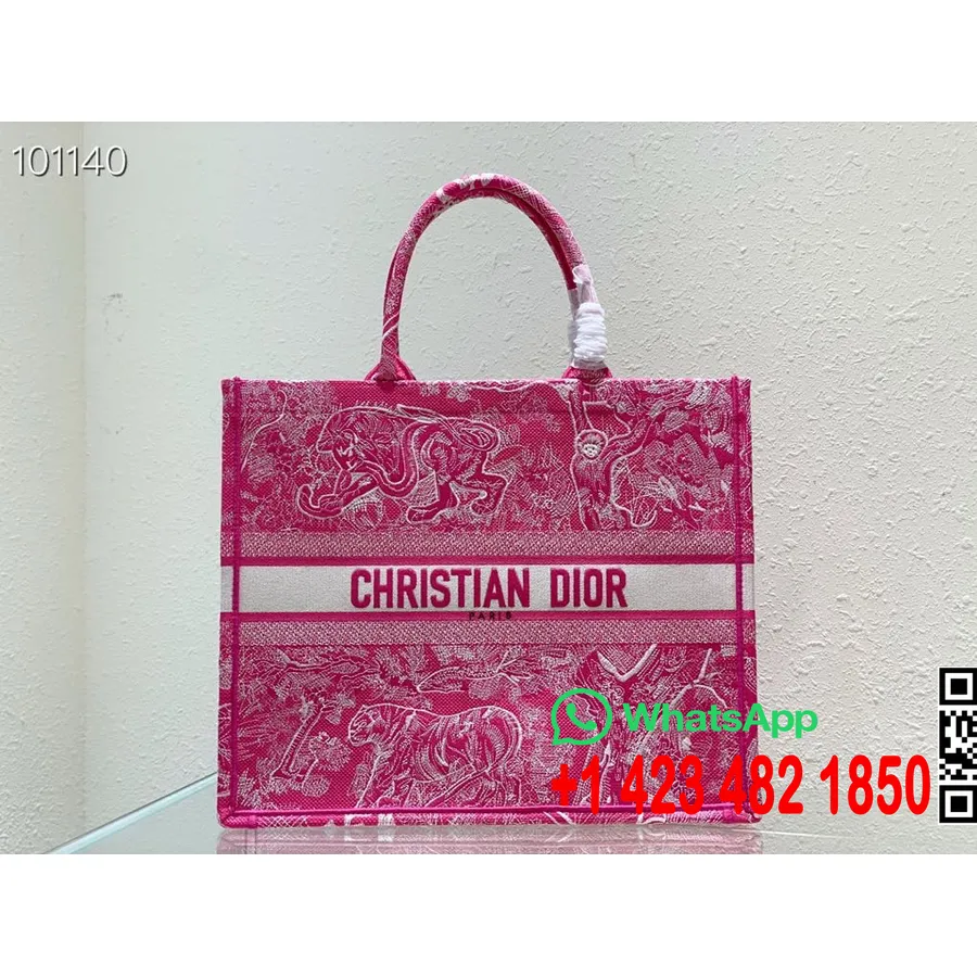 Christian Dior Book Tote Bag 42cm 1286 Toile De Jouy Platno S Obrnutim Vezom Kolekcija Jesen/zima 2022., Fluorescentno Ružičasta