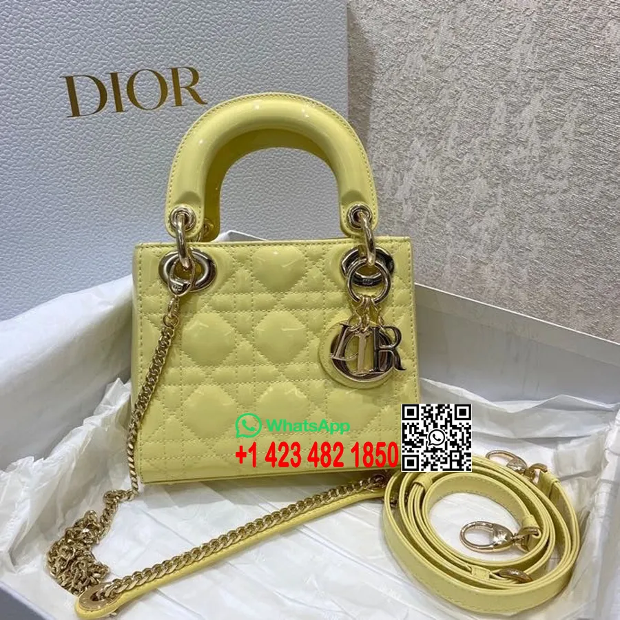 Christian Dior Klasična ženska Dior Torba 18 Cm Zlatni Okovi Lakirana Teleća Koža Kolekcija Proljeće/ljeto 2022., žuta