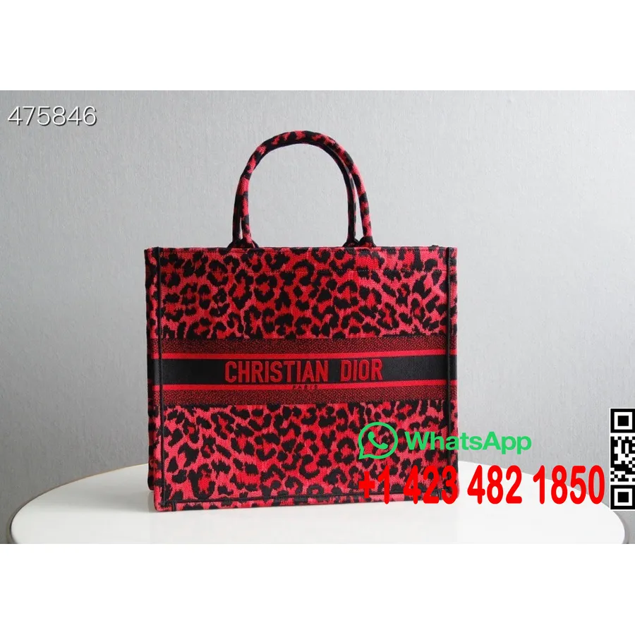 Christian Dior Leopard Rasperry Pop Mizza Book Tote Bag 42Cm Kanvas Bordir Koleksi Musim Gugur/dingin 2021, Merah/Hitam