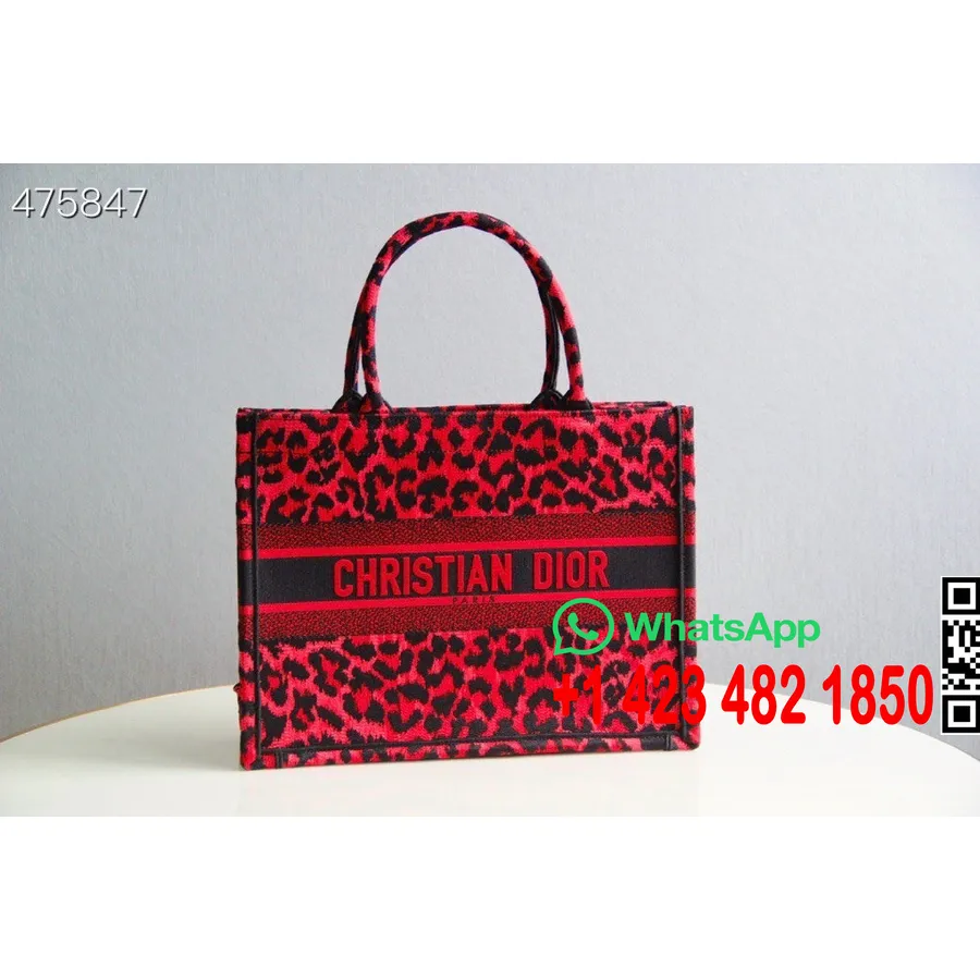 Christian Dior Leopard Raspberry Pop Mozza Book Tote Bag 35cm κεντημένος καμβάς συλλογή φθινόπωρο/χειμώνας 2021, κόκκινο/μαύρο