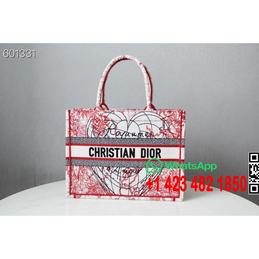 Christian Dior Dioramour Book Tote Bag 35cm κεντημένος καμβάς συλλογή φθινόπωρο/χειμώνας 2021, κόκκινο/λευκό