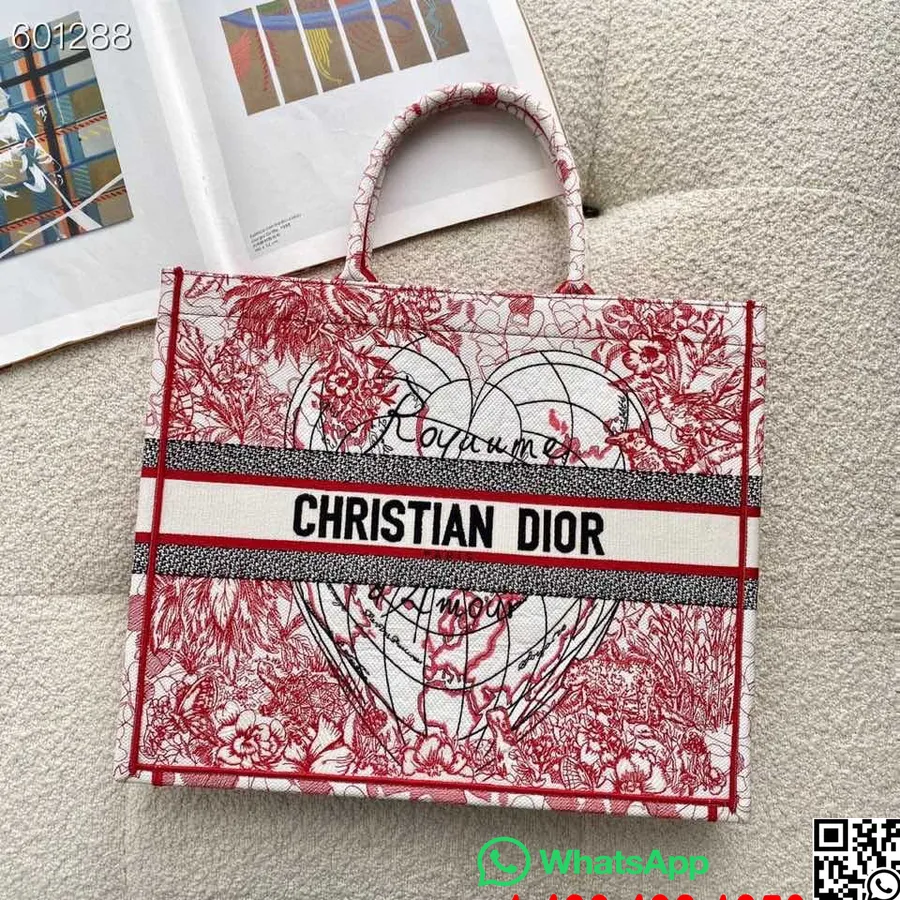 Christian Dior D-royaume D'amour Book Tote Torba 42cm Vez Platno Kolekcija Jesen/zima 2021, Crveno/bijelo