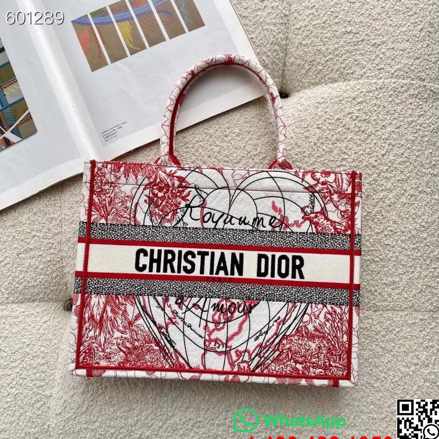 Christian Dior D-royaume D'amour Book Torba Torba 36cm Vez Platno Kolekcija Jesen/zima 2021, Crveno/bijelo