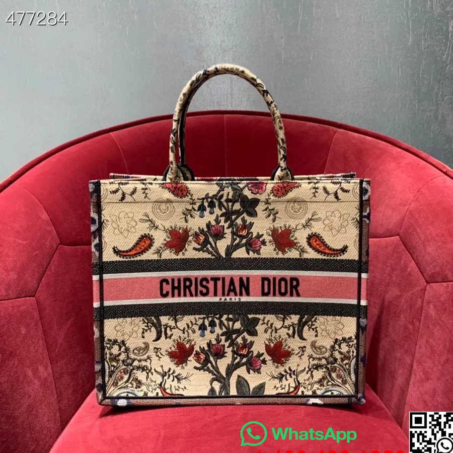 Christian Dior çiçekli Kitap çantası 42 Cm Nakış Kanvas İlkbahar/yaz 2021 Koleksiyonu, Bej/kırmızı çok Renkli