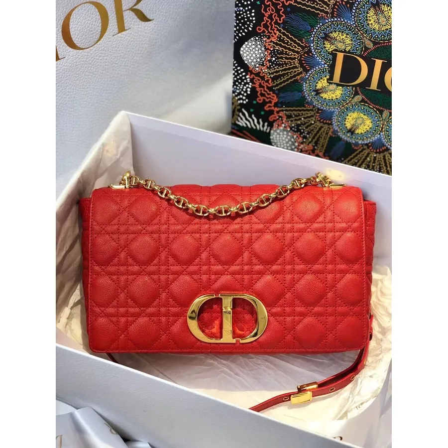 Bolso Christian Dior Caro 28cm Herrajes Dorados Piel De Cordero Colección Primavera/verano 2021, Rojo