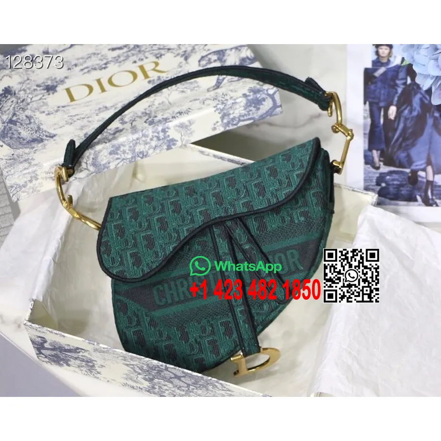 Christian Dior Sadelväska 25 Cm Snett Broderad Canvas Guld Hårdvara Canvas Höst/vinter 2020 Kollektion, Grön