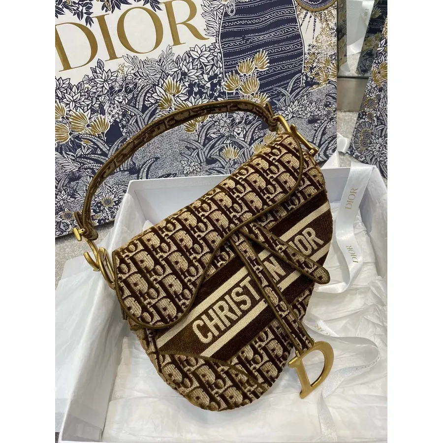 Christian Dior Podsedlová Taška 25 Cm šikmá Zamatová Vyšívaná Plátna Zlatá železiarska Plátna Kolekcia Jeseň/zima 2020, Hnedá