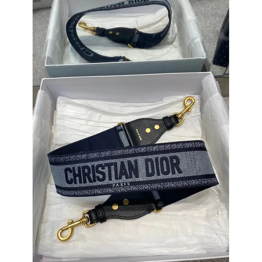 Sangle De Sac Christian Dior En Toile Brodée, Matériel Doré, Collection Automne/hiver 2020, Bleu/blanc