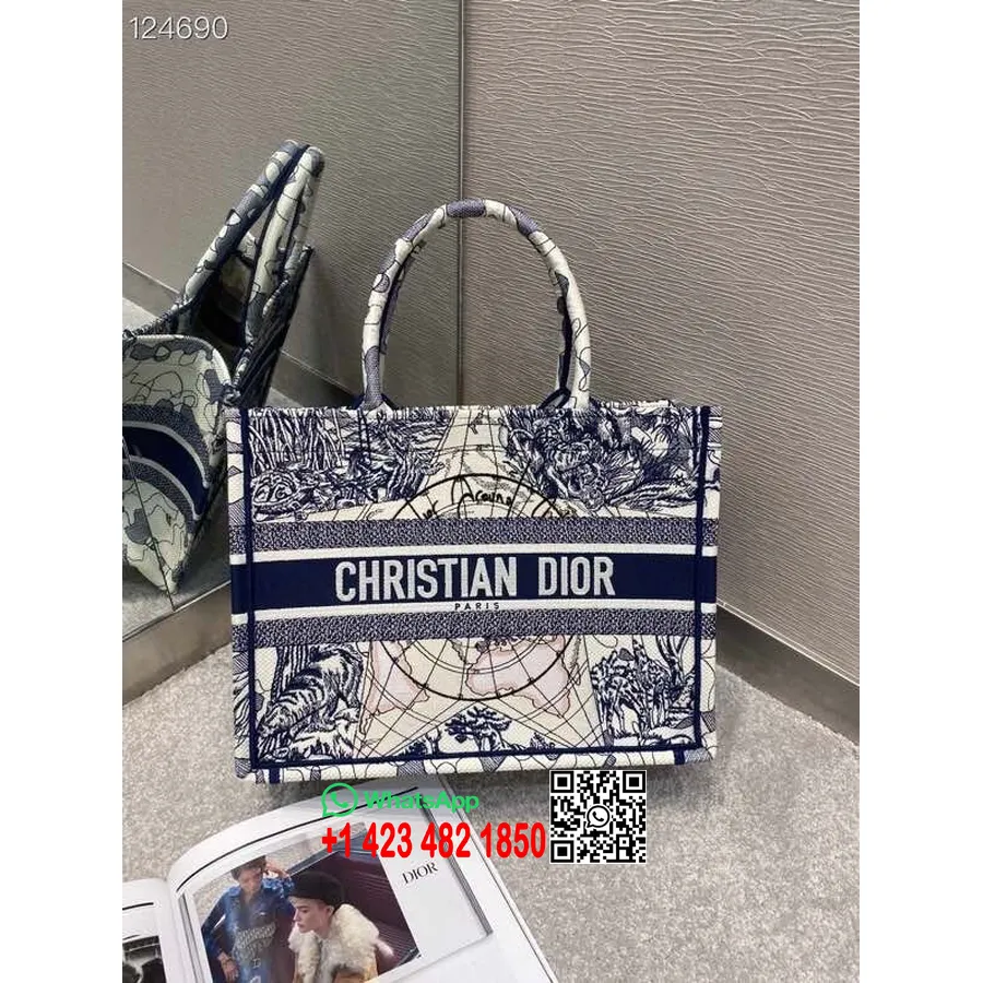 Christian Dior σε όλο τον κόσμο βιβλίο Tote Bag 35cm κεντημένο καμβά συλλογή φθινόπωρο/χειμώνας 2020, μπλε/λευκό