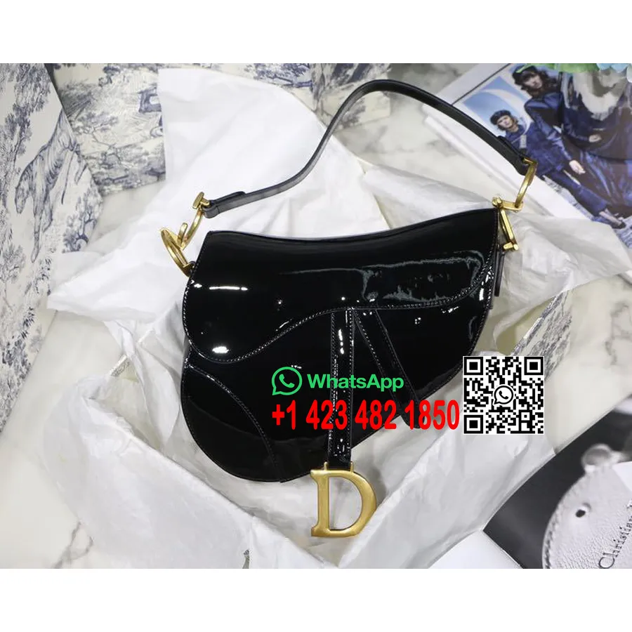 Christian Dior Sadulakott 25cm Lakknahast Kullast Riistvara Kevad/suvi 2020 Kollektsioon, Must