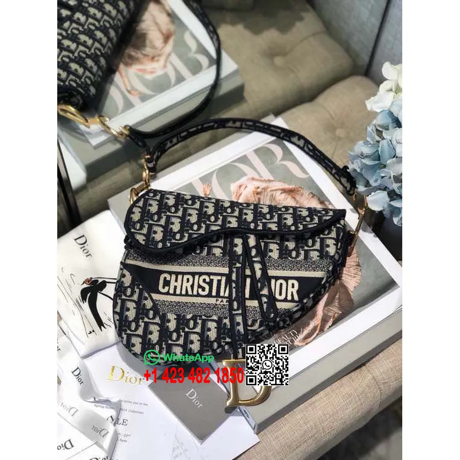 Christian Dior Logotyp Sadelväska 25 Cm Snett Broderad Canvas Vår/sommar 2020 Kollektion, Blå