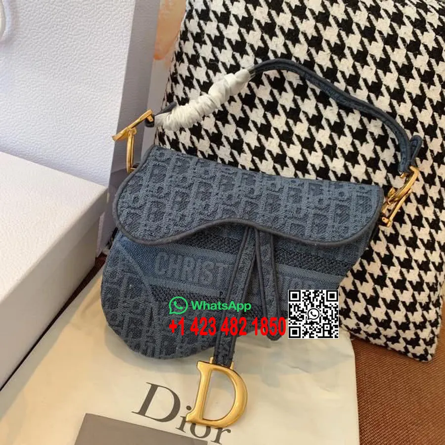 Bolsa De Sillín Christian Dior 25cm Lona Bordada Oblicua Colección Primavera/verano 2020, Azul Claro