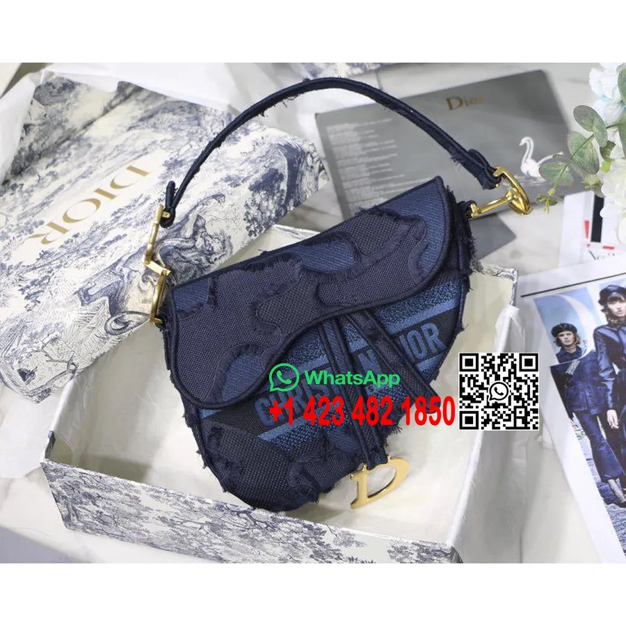 Bolsa De Sillín Christian Dior 25cm Lona Bordada Camuflaje Colección Primavera/verano 2020, Azul