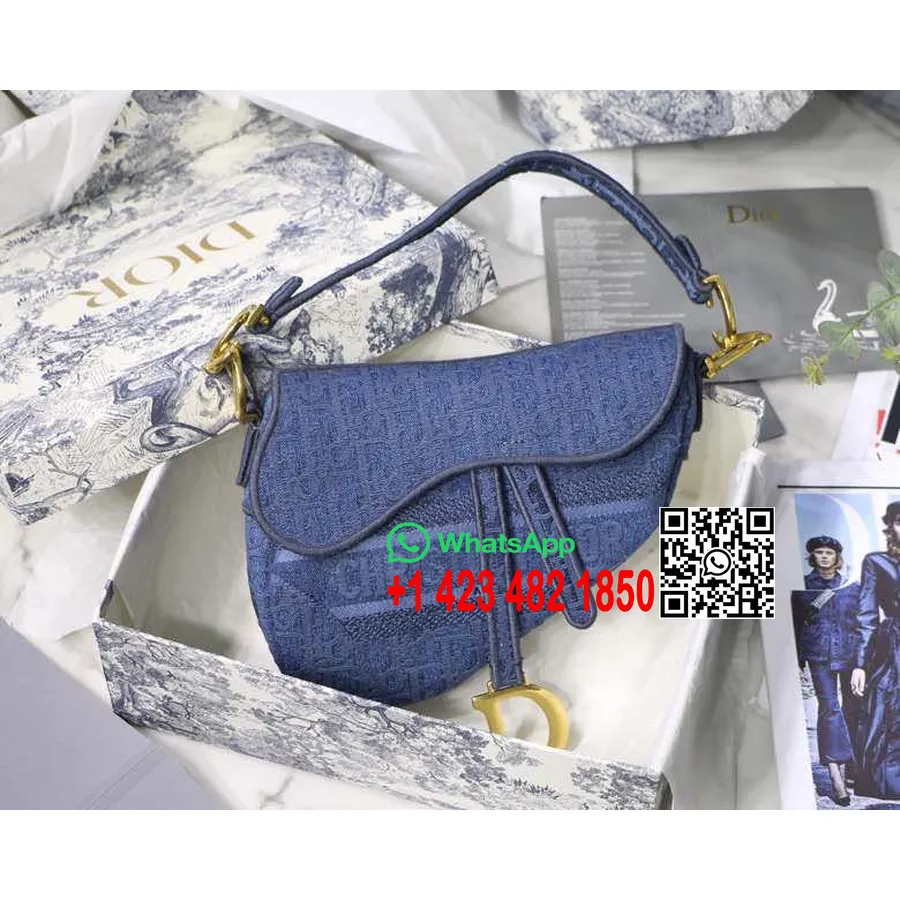 Bolsa De Sillín Christian Dior 25cm Lona Bordada Oblicua Colección Primavera/verano 2020, Azul Claro