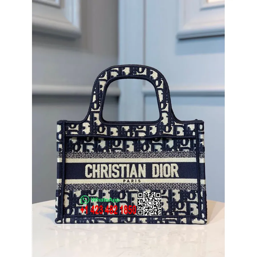 Christian Dior Mini Book Tote Bag 22cm Toile Brodée Oblique Collection Printemps/été 2020, Bleu