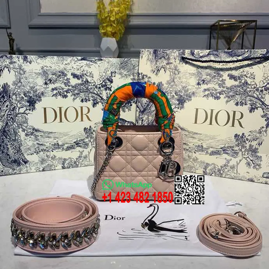 Christian Dior Mini Lady Dior Torba 18 Cm Z łańcuszkiem I Zdobionym Paskiem Do Torby Srebrne Okucia Skóra Jagnięca Wiosna/lato 2