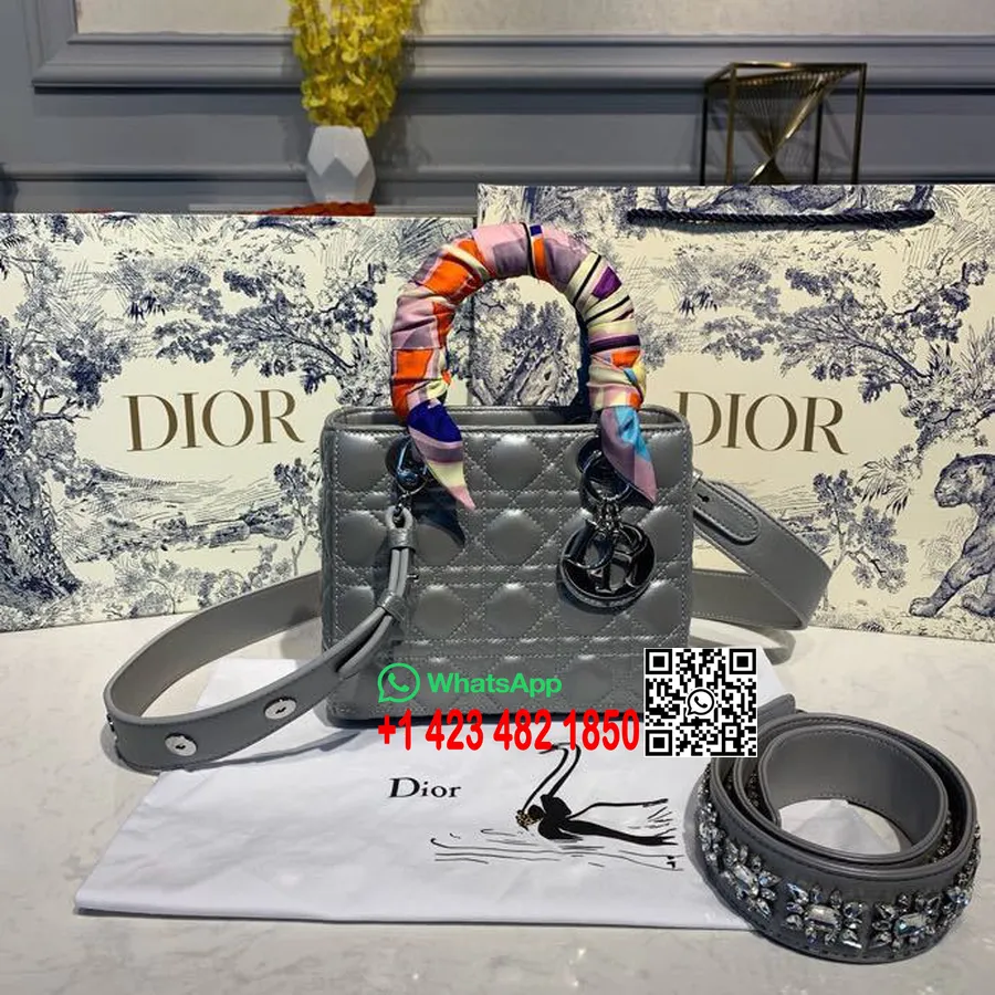 Christian Dior Lady Dior Torba 20cm Srebrne Dodatki Z Ozdobnym Paskiem Skóra Jagnięca Kolekcja Wiosna/lato 2020, Groszek