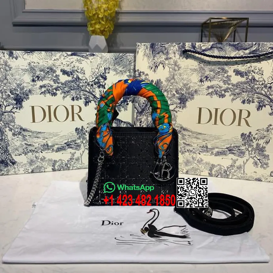 Borsa Christian Dior Mini Lady Dior 18 Cm Con Catena Hardware Argento Perline Ricamate In Raso/pelle Di Agnello Primavera/estate