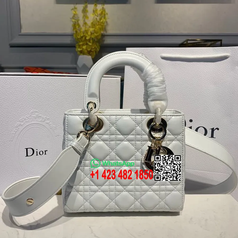 Borsa Christian Dior Lady Dior 20 Cm Hardware Dorato Pelle Di Agnello Collezione Primavera/estate 2020, Bianco