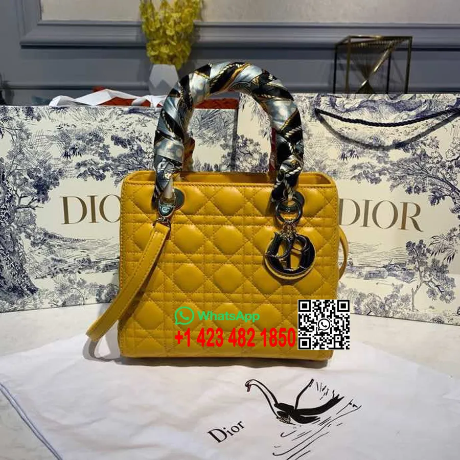 Christian Dior Lady Dior Táska 24cm Ezüst Hardver Báránybőr 2020 Tavaszi/nyári Kollekció, Sárga