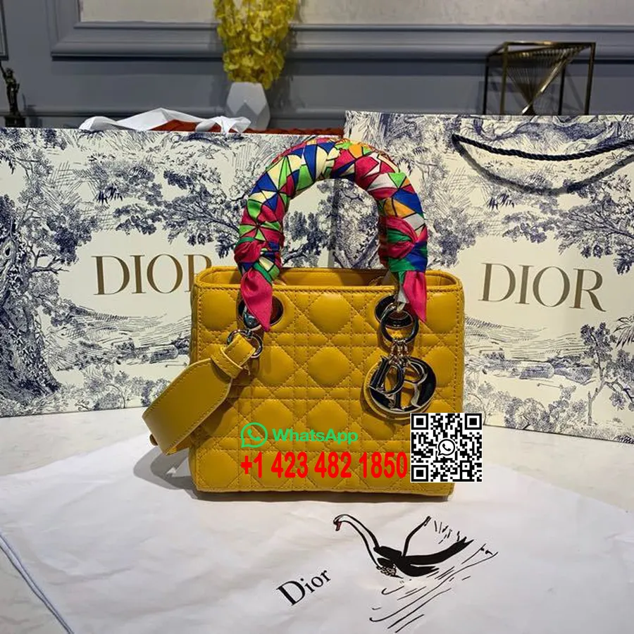 Christian Dior Lady Dior Táska 20cm Ezüst Hardver Báránybőr 2020 Tavaszi/nyári Kollekció, Sárga