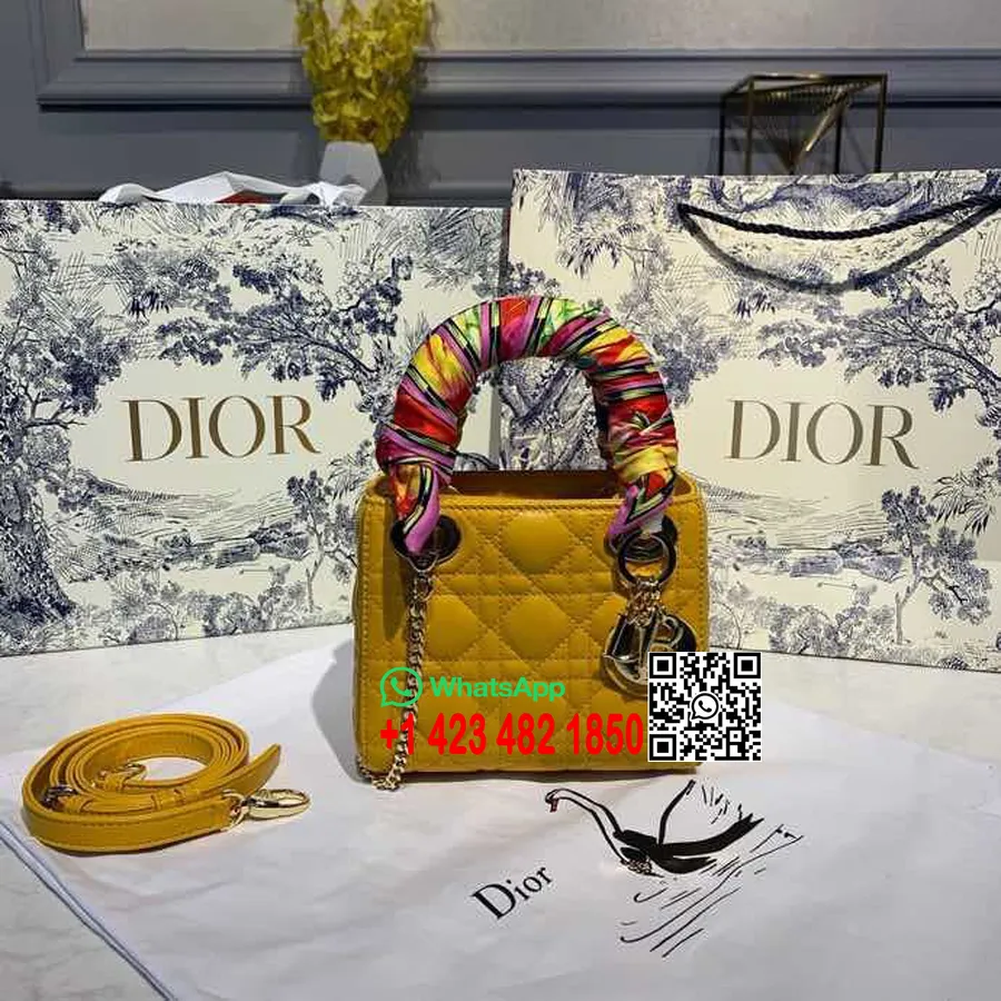 Christian Dior Mini Dame Dior Taske 18cm Med Kæde Sølv Hardware Lammeskind Forår/sommer 2020 Kollektion, Gul