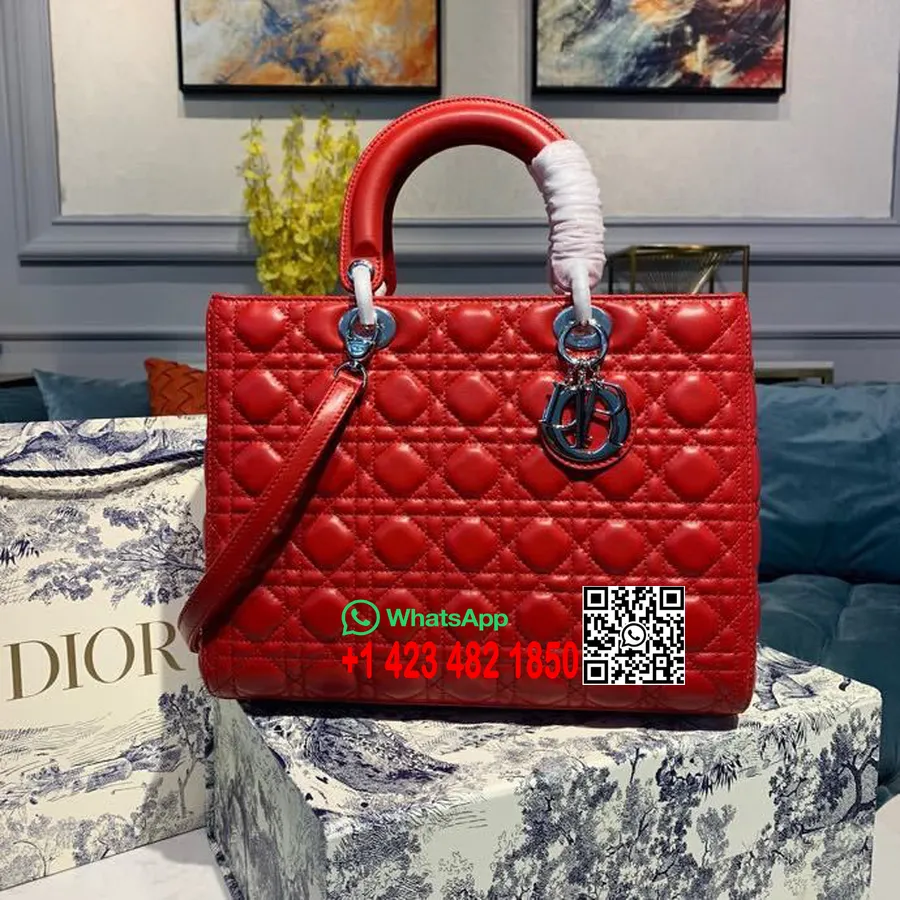 Christian Dior Lady Dior Torba 32cm Srebrne Okucia Skóra Jagnięca Kolekcja Wiosna/lato 2020, Czerwona