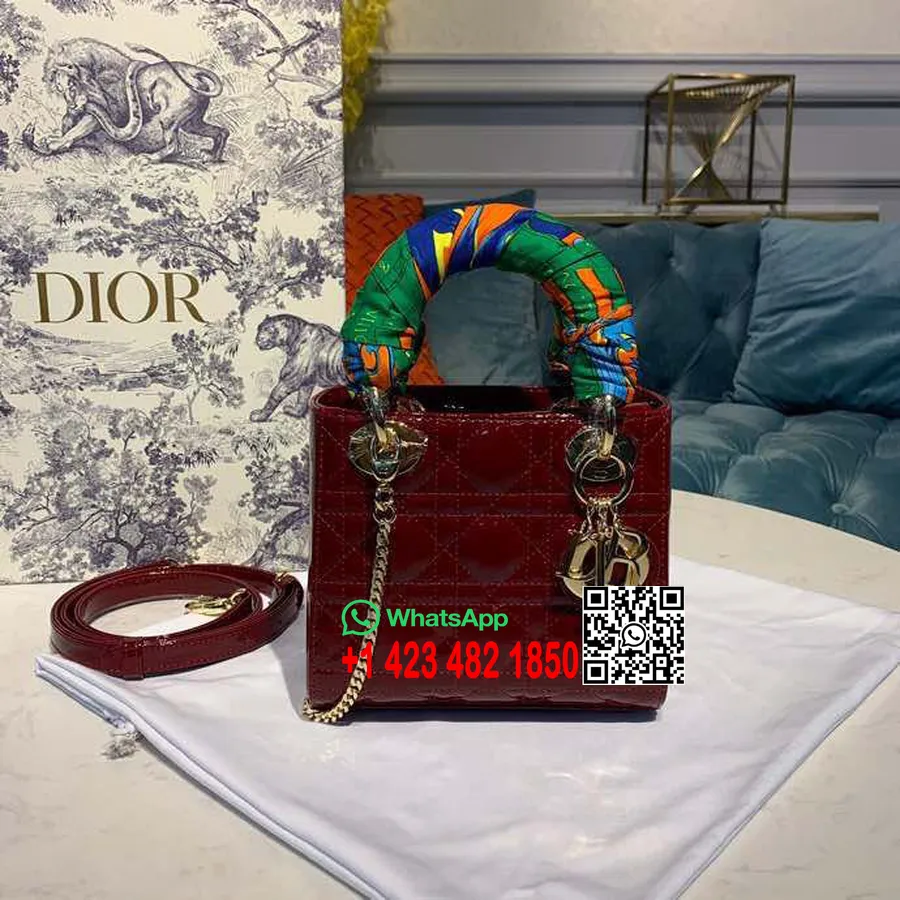 Christian Dior Mini Lady Dior Táska 18cm Lánccal Arany Hardver Lakkbőr 2020 Tavaszi/nyári Kollekció, Bordó