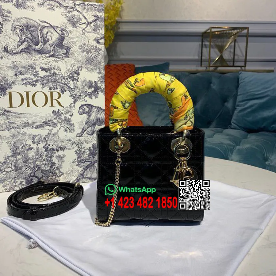 Christian Dior Mini Lady Dior Táska 18cm Lánccal Arany Hardver Lakkbőr 2020 Tavaszi/nyári Kollekció, Fekete