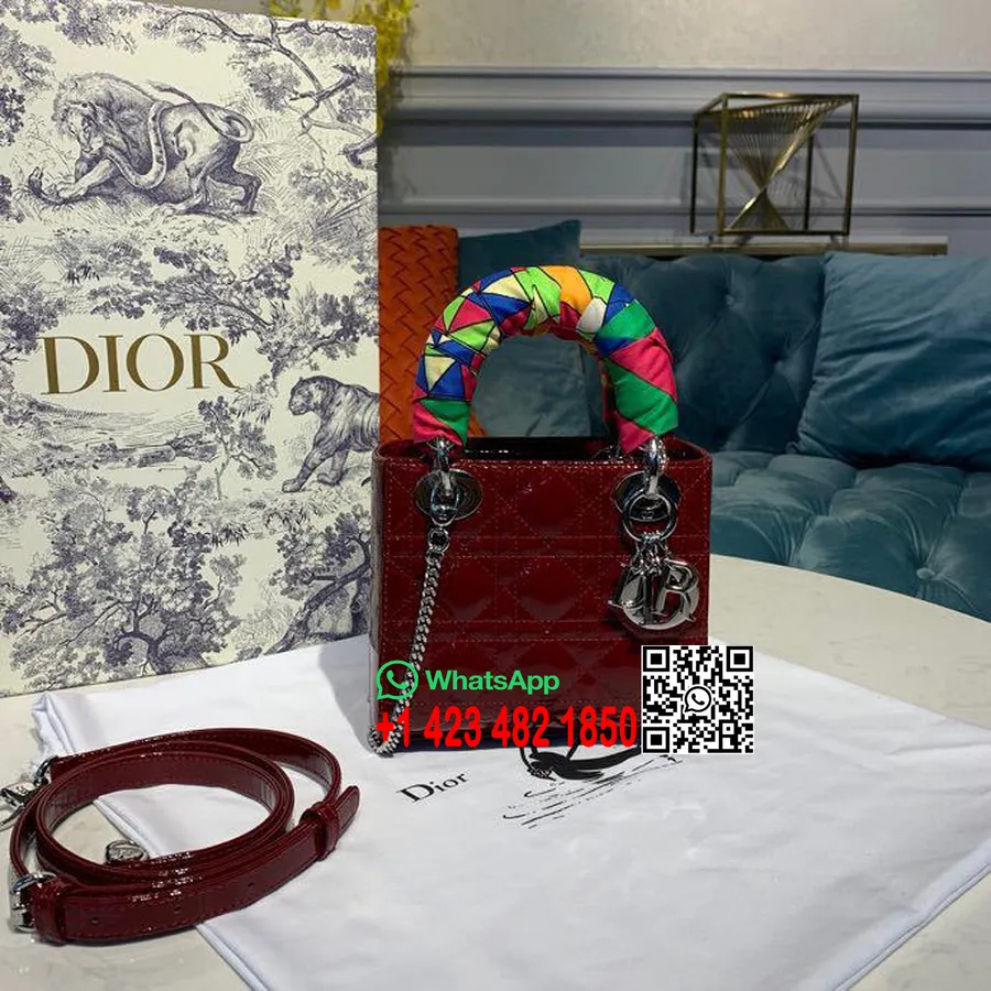 Christian Dior Mini Lady Dior Táska 18cm Lánccal Ezüst Hardver Lakkbőr 2020 Tavaszi/nyári Kollekció, Bordó