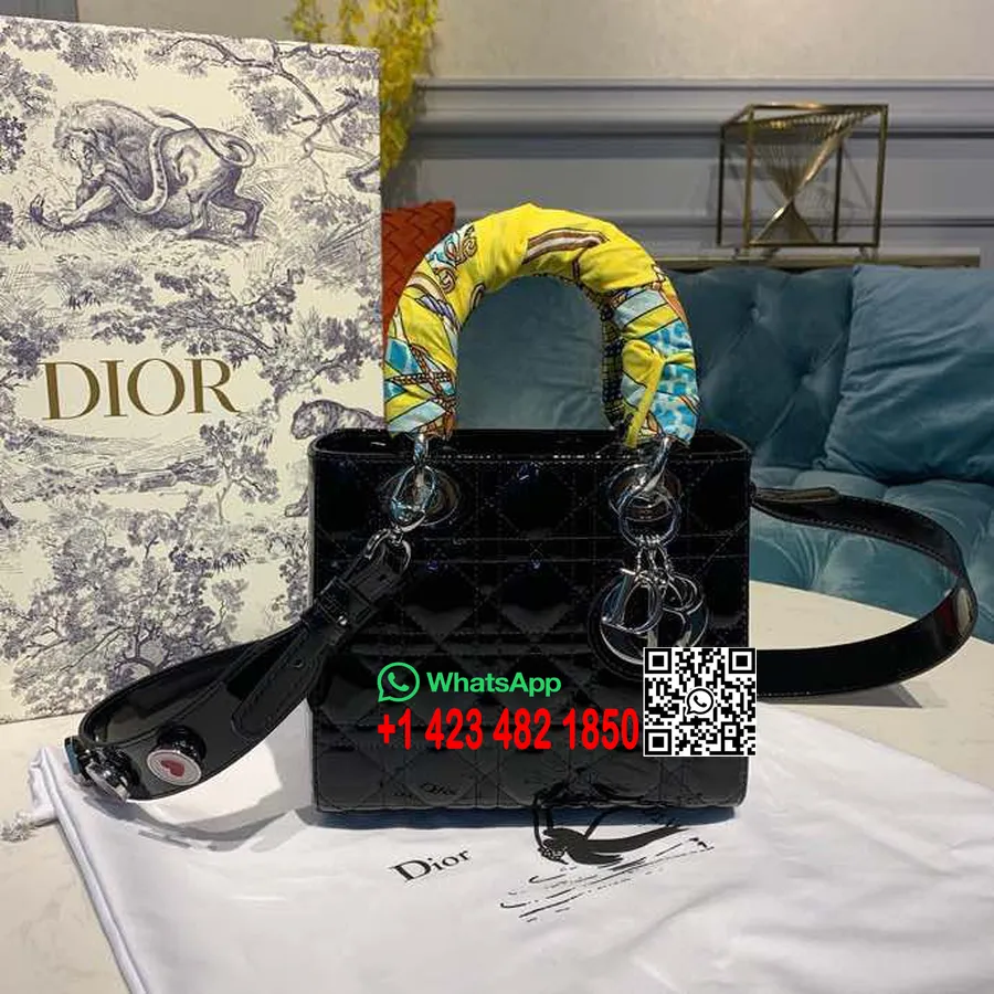 Christian Dior Lady Dior Táska 20cm Ezüst Hardver Lakkbőr 2020 Tavaszi/nyári Kollekció, Fekete