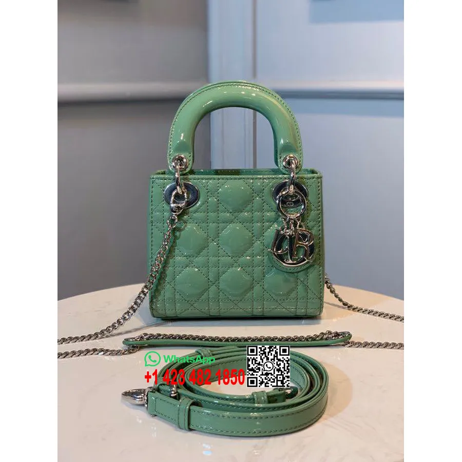 Christian Dior Mini Lady Dior Táska 18cm Lánccal Ezüst Hardver Lakkbőr 2020 Tavaszi/nyári Kollekció, Tavaszzöld