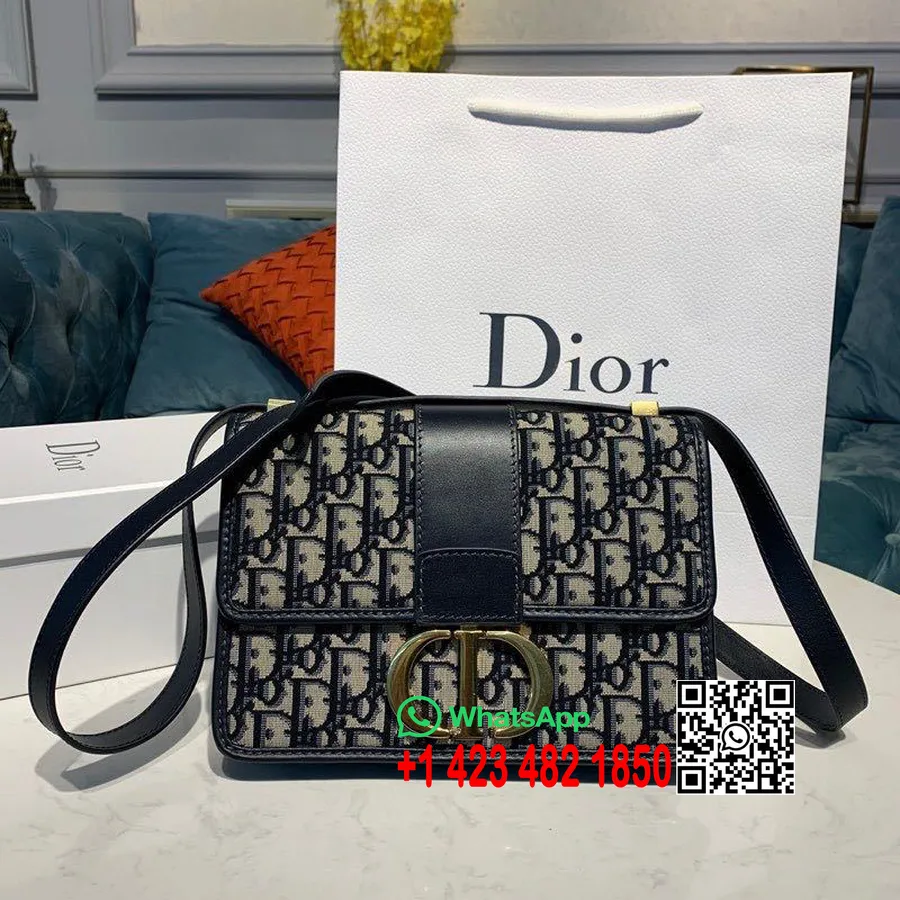 Christian Dior Oblique Montaigne Tas Kotak 24Cm Perangkat Keras Emas Kulit Anak Sapi Koleksi Musim Semi/Musim Panas 2020, Biru