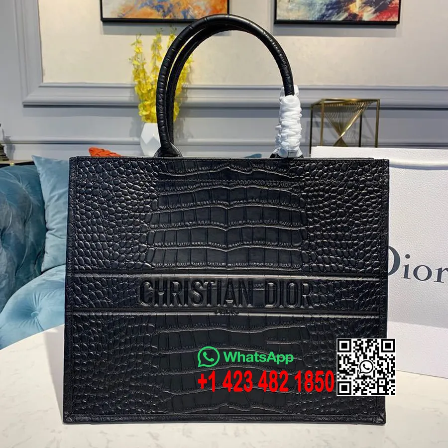 Bolso Tote Christian Dior Book De 42 Cm En Lona De Piel De Becerro Con Relieve De Cocodrilo Colección Otoño/invierno 2019, Negro