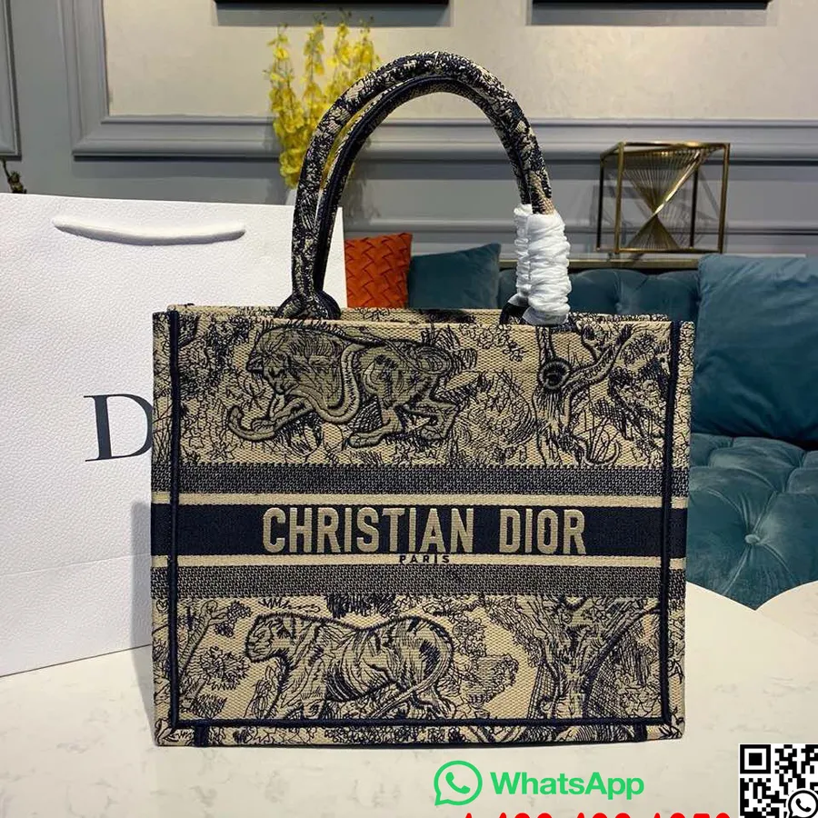 Christian Dior Toile de Jouy Chinese Lunar New Year Book Tote Bag 35cm Embroidered Canvas Fall/Winter 2019 Collection, Navy Blue