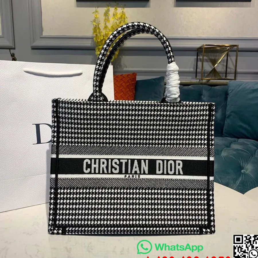 Christian Dior Book Tote Bag 35cm Checkered Gingham Embroidered Canvas Fall/Winter 2019 Collection, Black/White